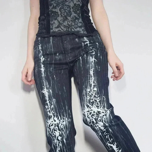 Gothic & grunge black and white abstract hand-painted straight-legged jeans - Picture 3 of 16
